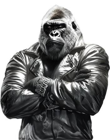 large ape wearing a black leather jacket crossing his arms.